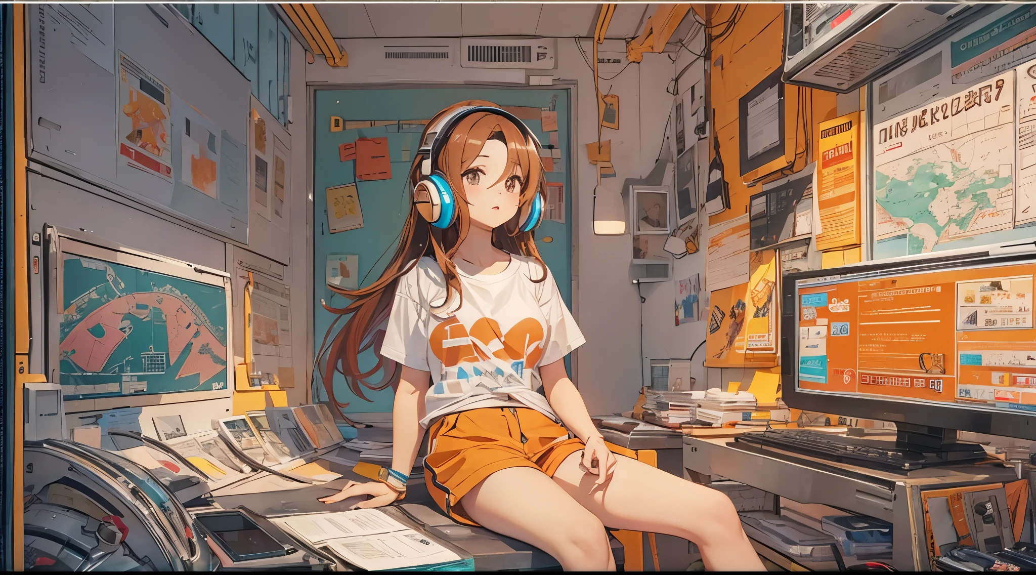 high resolution、One Girl、Wearing headphones、Logo T-shirt and hot pants、In the girl's room、Studying on a computer、Large monitor、Vibrant colors、Vivid Color、Warm shades、Full body images、Orange long hair、