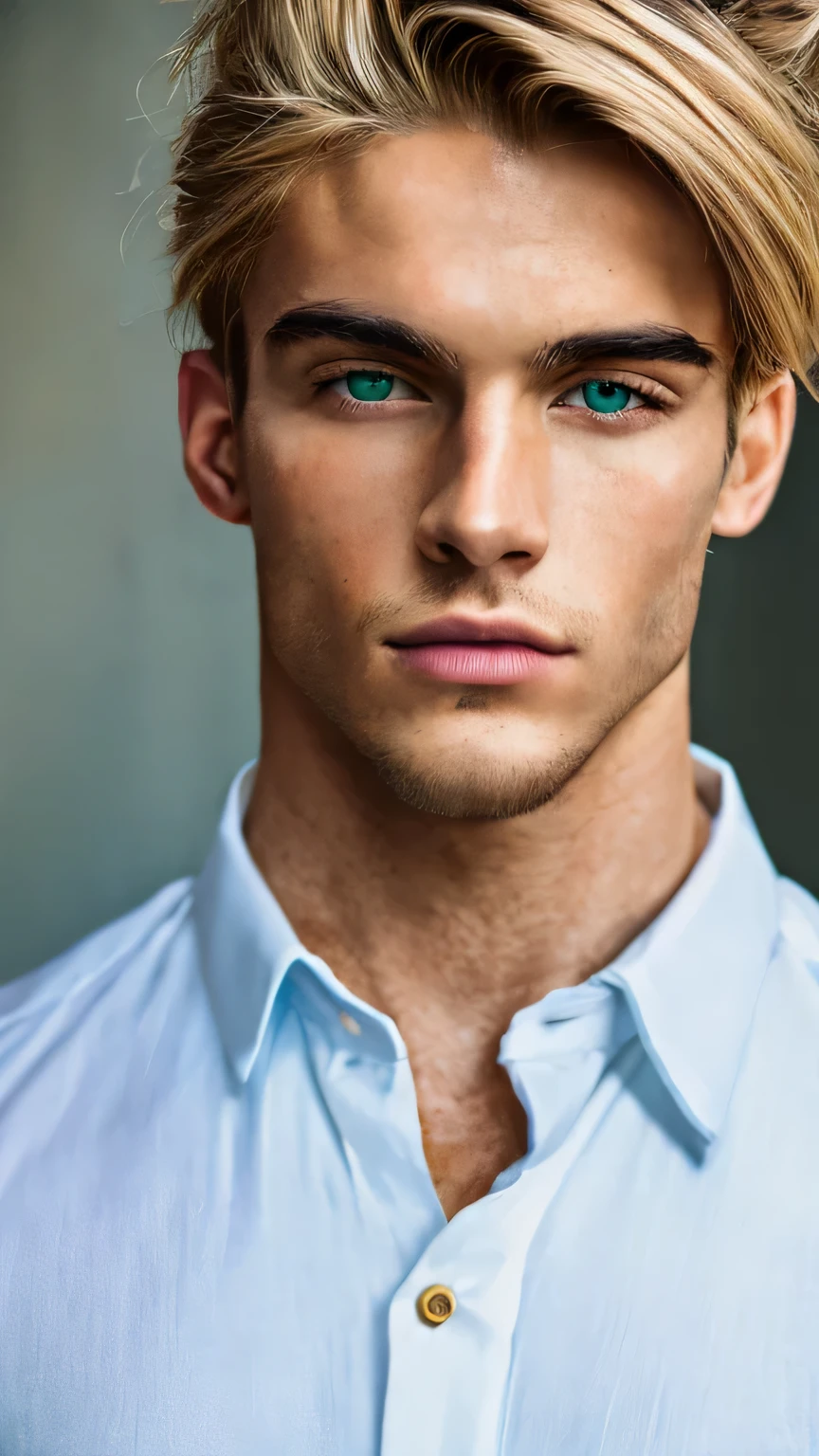 Portrait of young man, handsome, demigod, young Greek god, Greek model, photo shoot, model pose, baronial pose, European facial features, beautiful facial features, symmetry, perfect body, perfect skin, extremely pale skin, short-sleeved shirt , bourgeois, dress pants, green eyes, blonde hair, wealth, perfection, luxury, opulence, clarity, reality, film grain, best quality, photo shoot, euroboy, 1boy, alone, realistic