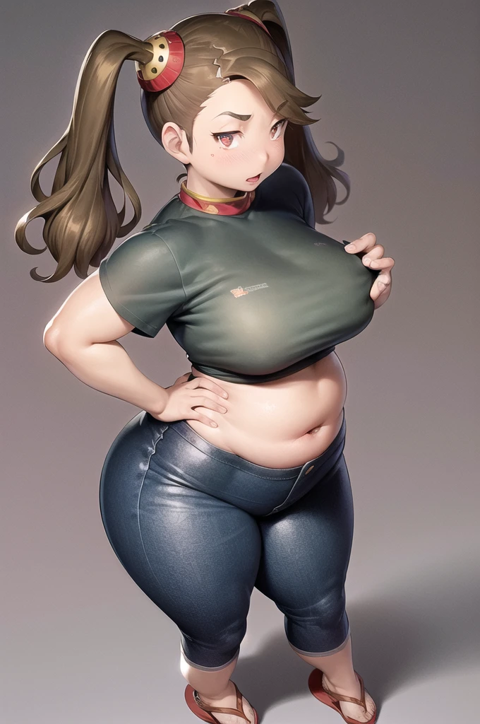 masterpiece, tight denim pants, back view++, look back++, ass crack, chubby but small breasts, thick legs++, Full body+, Solo, Realistic, Sexy Asian face, Swollen face, Ripped black denim pants, Japanese face, Legs focus, Moderately fat body type+, 1 woman, wide shoulder, T-shirt, Denim pants, thick tights, adult woman, Thick waist++, low rise black denim pants, Small breasts and fat and short leg, Muchimuchi body best quality, 1girl, kaoruko, brown hair, brown eyes, twintails, hair ornament, red ascot, looking at viewer, solo, simple background, from the front