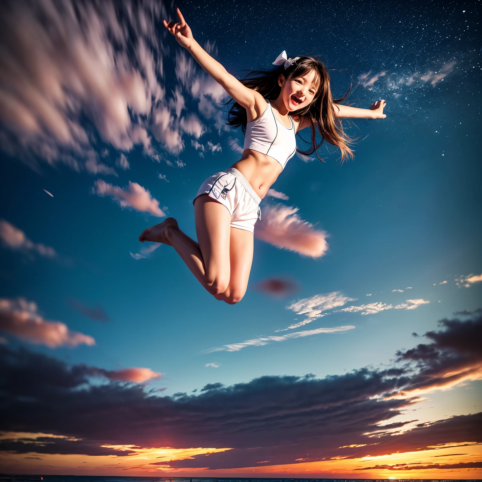 ((ExtremelyDetailed ( KAWAII Girl Floating in the Air:1.37) in WHITE at Dusk Enoshima Beach)), (masterpiece 8K TopQuality) (ProfessionalPhoto:1.37), {(Standing Full Body:1.2)|(from below:1.2)}, Different types of hair colors, {(White skinny(School Swimwear))|(SchoolUniform with WhiteSkinny LowRise shorts)}, {Detailed Childish hand|Hidden hand|Armpit|Different types of breasts of various sizes from HUGE to FLAT|(Clearly Visible the shape of Butt)}, Joyful Expressions LifeLike Rendering, PerfectLighting, Dazzling Horizon, (Starry IridescentParticles) ColorfulClouds