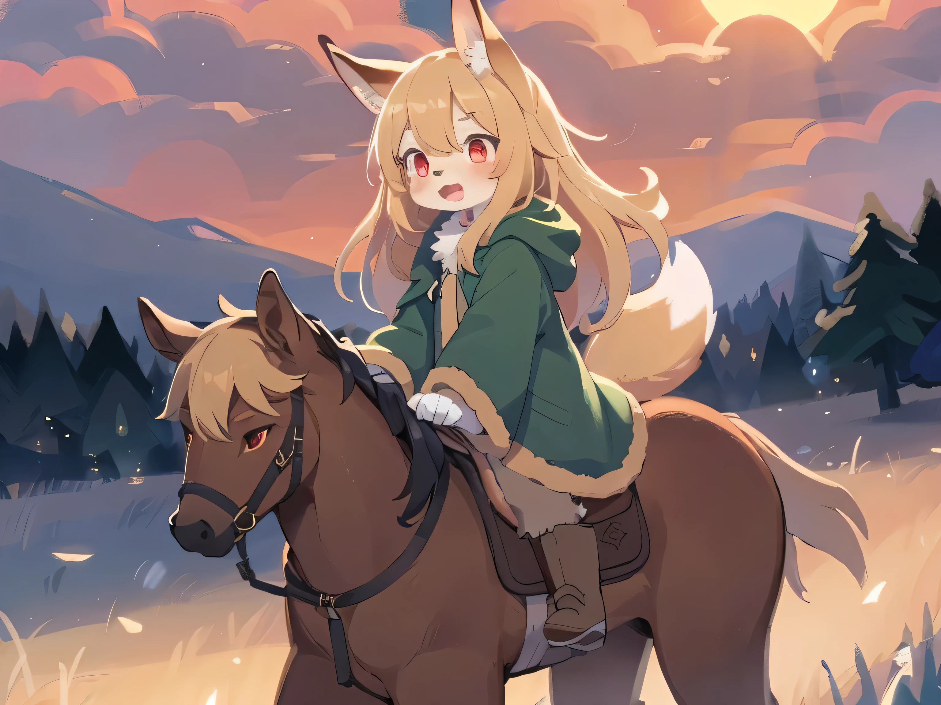 the fox, , was hairy, shaggy, skin fur, smooth lashes, golden fur, forelimb hands, straight long blonde hair, solid circle eyes, golden ears, golden fur, golden facial fur, shiny hair, red eyes, super cute face, 1fox tail, fluffy tail, furry tail, glowing eyes, green coat green hood down, brown trousers, riding unsaddled horse, open mouth, embarrassed, ambient light, ultra-fine fur, dashed eyes, full body, masterpiece, high quality, high-details, best quality, wide short, (((solo))), twilight, sun light, red sky, rim light