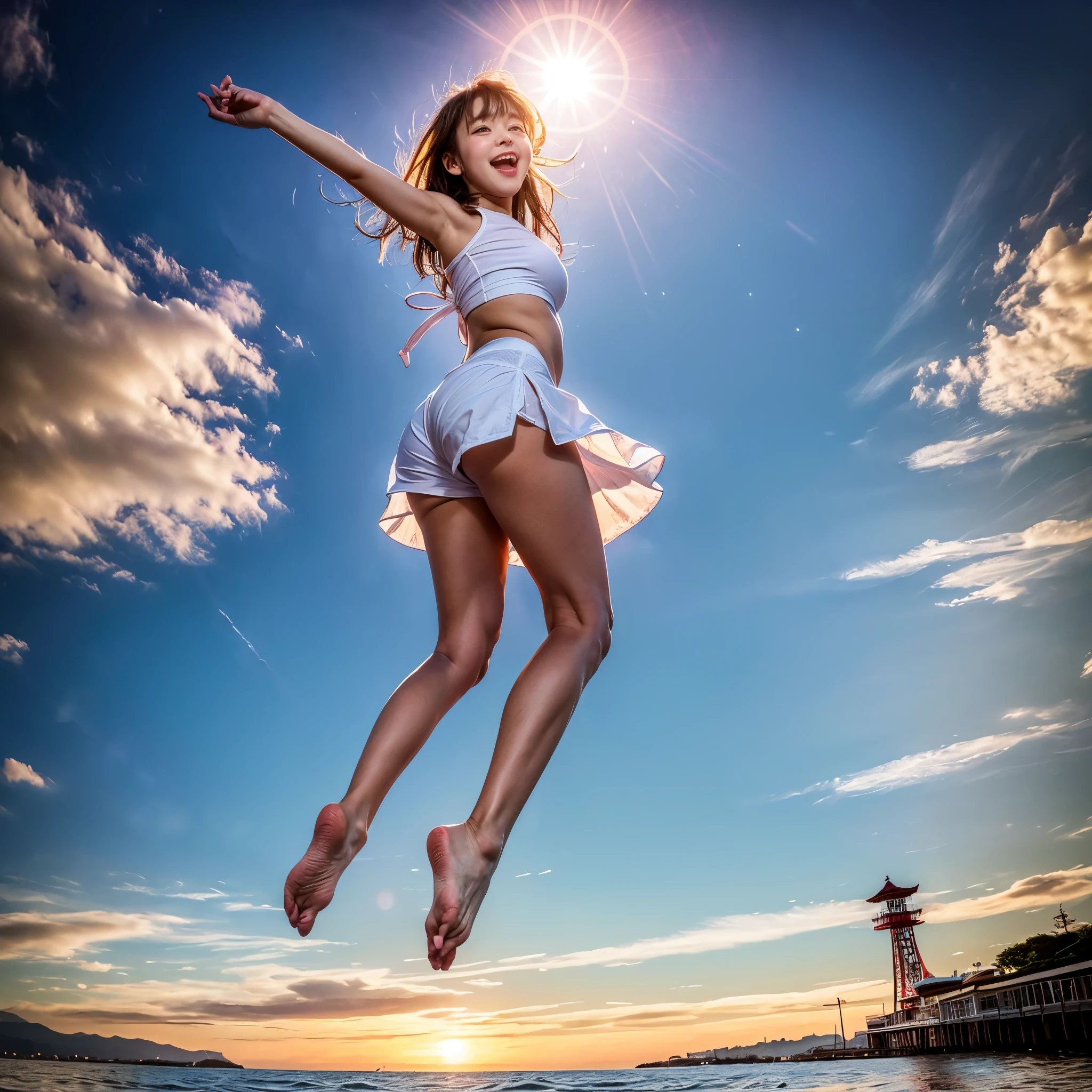 ((ExtremelyDetailed ( KAWAII Girl Floating in the Air:1.37) in WHITE at Dusk Enoshima Beach)), (masterpiece 8K TopQuality) (ProfessionalPhoto:1.37), {(Standing Full Body:1.2)|(from below:1.2)}, Different types of hair colors, {(White skinny(School Swimwear))|(SchoolUniform with WhiteSkinny LowRise shorts)}, {Detailed Childish hand|Hidden hand|Armpit|Different types of breasts of various sizes from HUGE to FLAT|(Clearly Visible the shape of Butt)}, Joyful Expressions LifeLike Rendering, PerfectLighting, Dazzling Horizon, (Starry IridescentParticles) ColorfulClouds