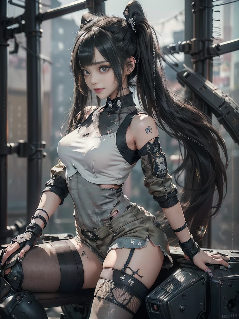 (Full Body View:1.3)、(Side view:1.1)、(Please smile with your teeth showing:1.4),(Shibuya Gal:1.5)、(Gothic Lolita style fashion:1.5)、(Tattered khaki and gray futuristic micro high leg bodysuit:1.5)、(Tattered Khakis and White Micro Fancy Sleeves:1.5)、(Tattered khaki micro shorts:1.5)、(Brown and khaki knee socks:1.3)、(camouflage:1.3)、(Military jacket:1.4)、Brown boots、Khaki gloves、internal、(The underwear is striped:1.4)、23 years old、(Doing a ballerina pose:1.3)、((Highest quality、8K、masterpiece:1.3))、One girl、The beauty of slim abs:1.3、(Hairstyle Casual、Big Tits:1.1)、dress:1.1、Super small face、Narrow eyes、double eyelid、Laughter、Esbian all over、Dynamic Angle、Close-up、CPL Filter、Blurred Background、Bokeh、Blue Hour、Detailed face and skin texture、Detailed Eyes,(Twin tails:1.3)、(Black brown hair:1.4)、Gravure idol pose、(The background is the cockpit of a futuristic weapon.:1.3)、(The body is slim:1.2),(Slim legs:1.4),(clavicle:1.1)