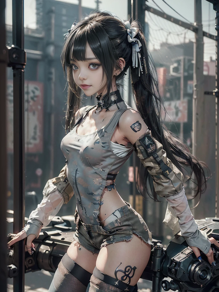 (Full Body View:1.3)、(Side view:1.1)、(Please smile with your teeth showing:1.4),(Shibuya Gal:1.5)、(Gothic ta style fashion:1.5)、(Tattered khaki and gray futuristic micro high leg bodysuit:1.5)、(Tattered Khakis and White Micro Fancy Sleeves:1.5)、(Tattered khaki micro shorts:1.5)、(Brown and khaki knee socks:1.3)、(camouflage:1.3)、(Military jacket:1.4)、Brown boots、Khaki gloves、internal、(The underwear is striped:1.4)、23 years old、(Doing a ballerina pose:1.3)、((Highest quality、8K、masterpiece:1.3))、One girl、The beauty of slim abs:1.3、(Hairstyle Casual、Big Tits:1.1)、dress:1.1、Super small face、Narrow eyes、double eyelid、Laughter、Esbian all over、Dynamic Angle、Close-up、CPL Filter、Blurred Background、Bokeh、Blue Hour、Detailed face and skin texture、Detailed Eyes,(Twin tails:1.3)、(Black brown hair:1.4)、Gravure idol pose、(The background is the cockpit of a futuristic weapon.:1.3)、(The body is slim:1.2),(Slim legs:1.4),(clavicle:1.1)