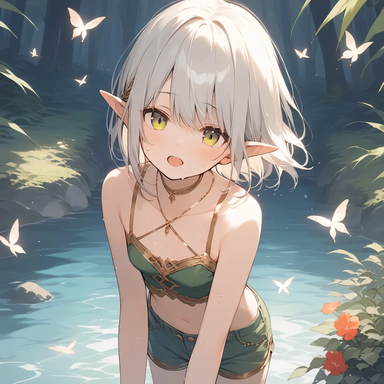 score_9, score_8_up, score_7_up, source_anime, best quality, masterpiece, official art, absurdres, highres, ultra-detailed,waifu2x,Collection: Slice of Life,break,1girl, elf, short hair, slender, androgynous, small , beautiful detailed eyes, green shorts, sweat, open mouth,  sleepily, outdoors, forest,break,(clear line illustration:1.2), super detailed skin,very high resolution, very aesthetic, Best sexual ng powered by famous artist, 8k,cute picture,beauty illustration,photoshop_(medium),,(Detailed Lighting),best anime 8k konachan wallpaper, pixiv contest winner, 