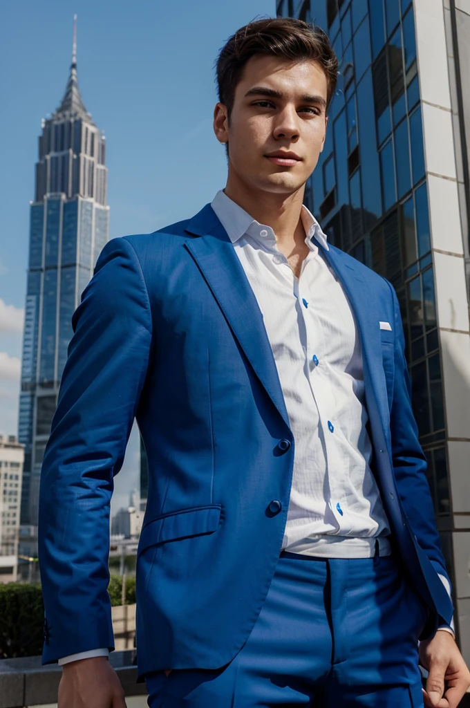 Cartoon image of a 25 year old man wearing a blue suit with two fingers posing and a tall building in the background