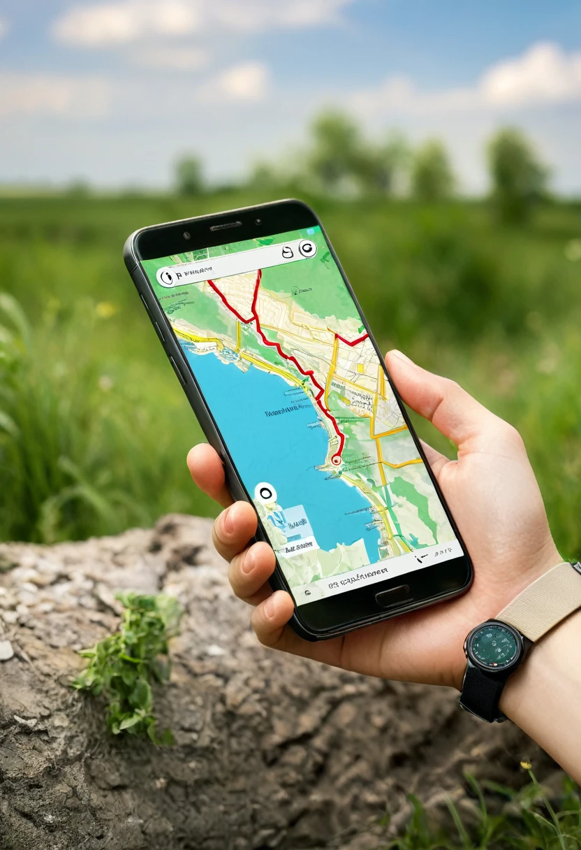 It's very realistic, with a smartphone in your hand and a map displayed on the smartphone screen, outdoors.
