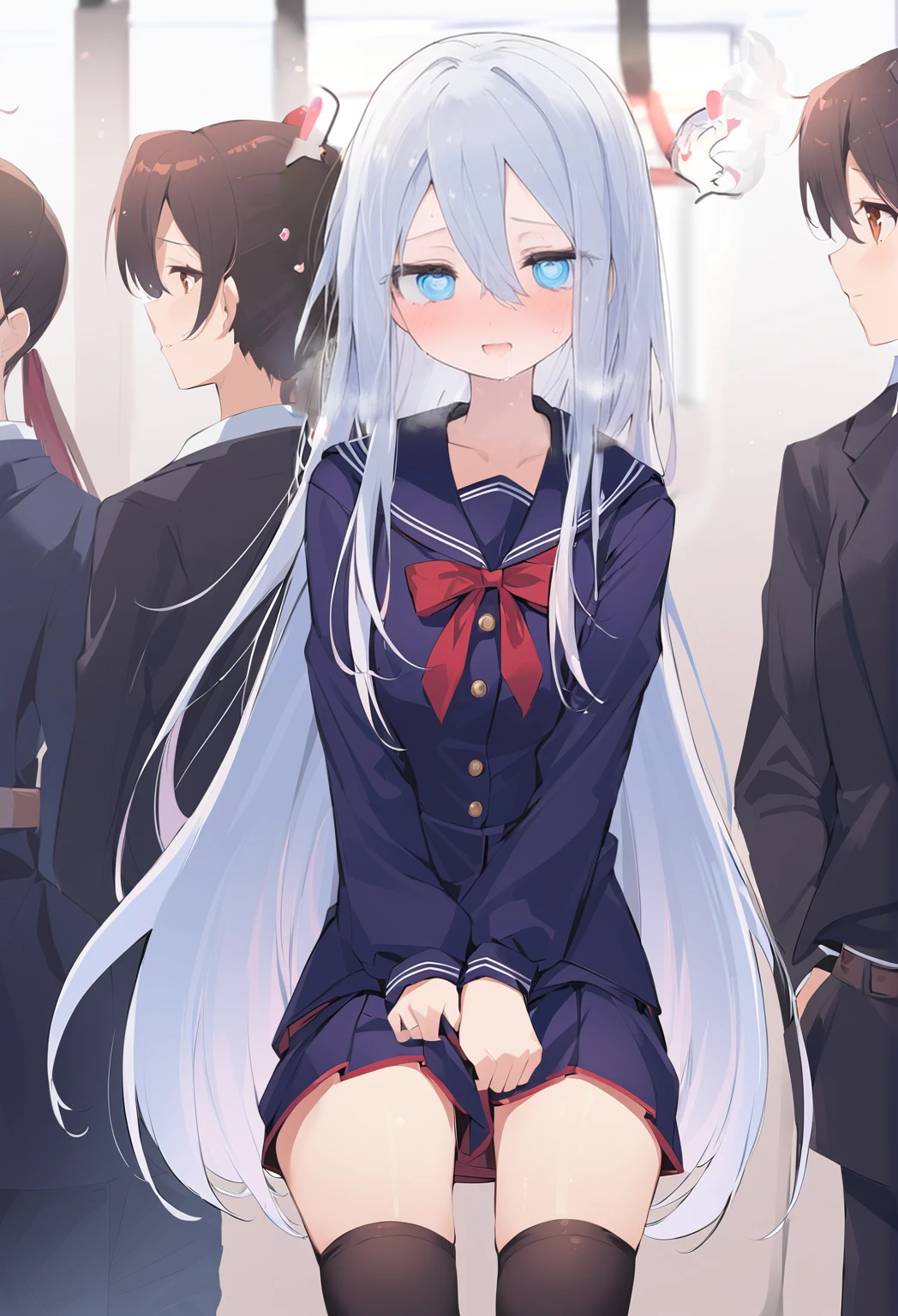 Anime Girls with long white hair and blue eyes sitting on a bench, Beautiful anime school girl, an Anime Girls, the Anime Girls is crouching, Anime Moe Art Style, gapmoe Yandere, cute Anime Girls, Zerochan Art, Anime Girls with long hair, Soft anime illustration, Yandere, seductive Anime Girls, Anime Girls, young Anime Girls