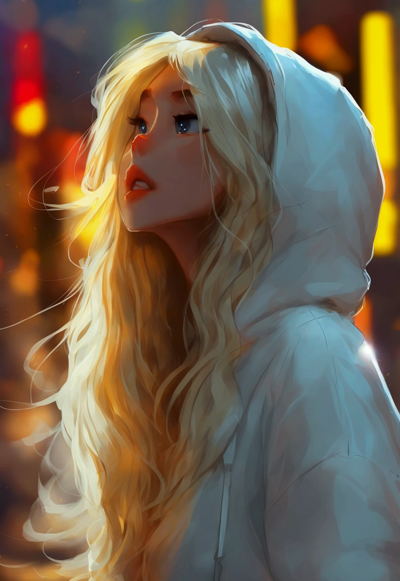 Samdos Arts、woman、Freckles、Blonde、Long Hair、22 years old、White hoodie、Moderate bust、Simple Background、solo、Hair blowing in the wind