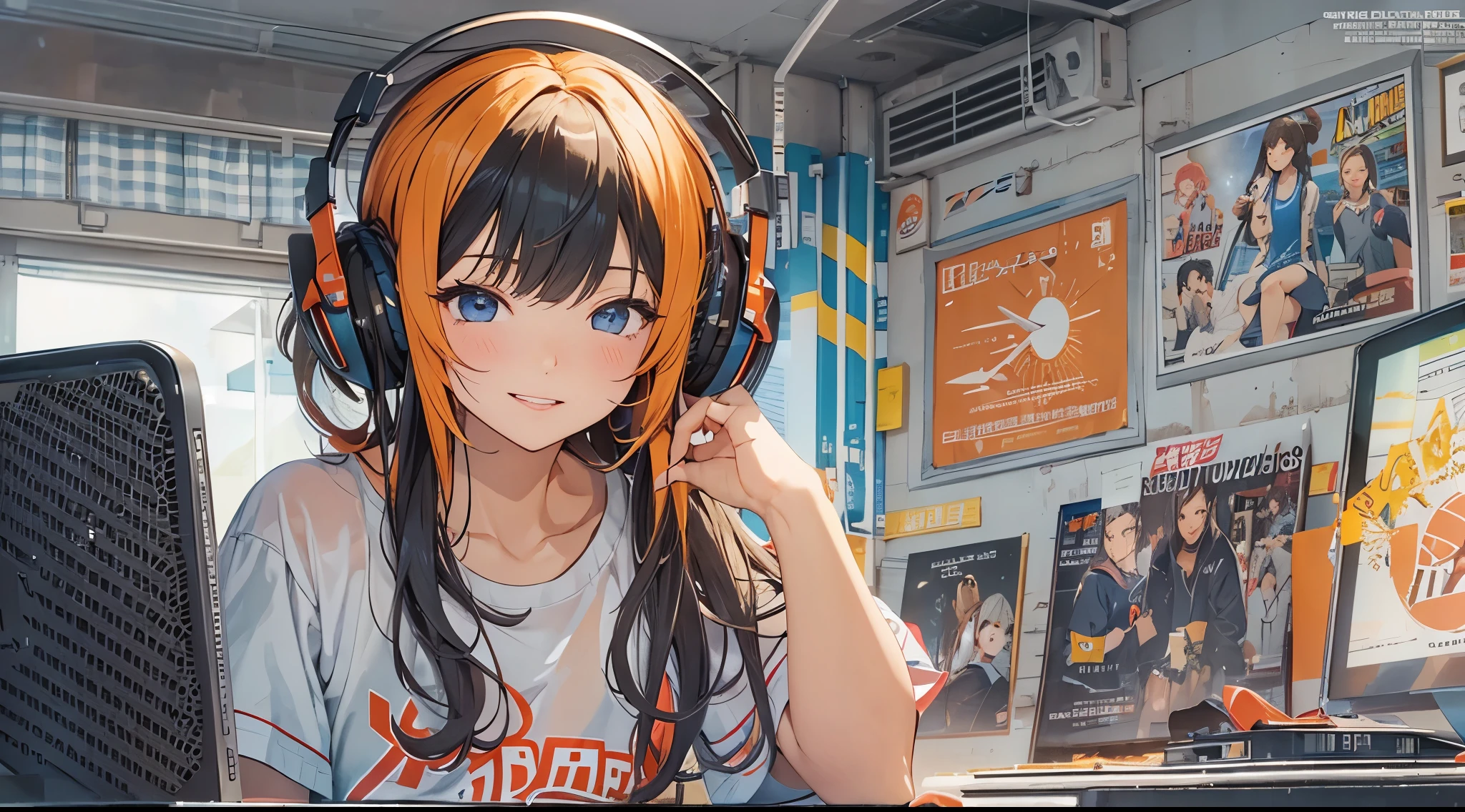 high resolution、One Girl、Wearing headphones、Logo T-shirt and hot pants、In the girl's room、Studying on a computer、Large monitor、Vibrant colors、Vivid Color、Warm shades、Full body images、Orange long hair、