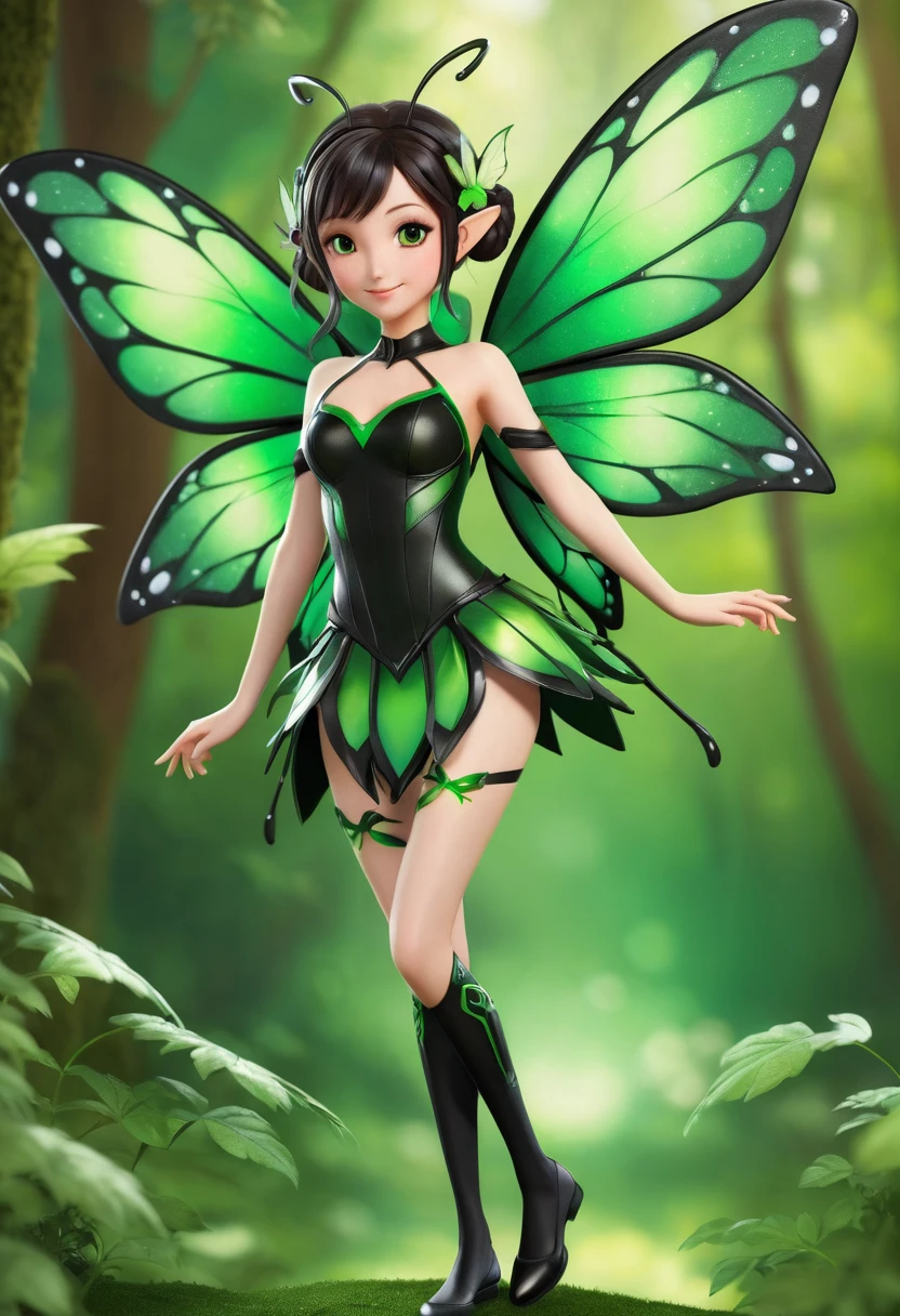 Anime girl in green and black costume on wings and green background, pixie character, fairy, forest fairy, insect trainer girl, brunette elf with fairy wings, pixie, cute 3d anime girl rendering, April rendering, fairy dance, open legs