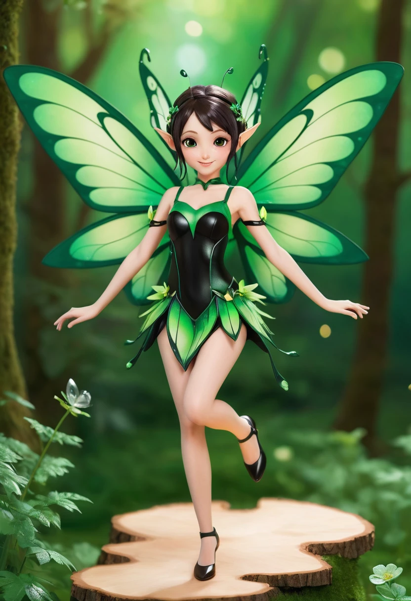 Anime girl in green and black costume on wings and green background, pixie character, fairy, forest fairy, insect trainer girl, brunette elf with fairy wings, pixie, cute 3d anime girl rendering, April rendering, fairy dance, open legs  