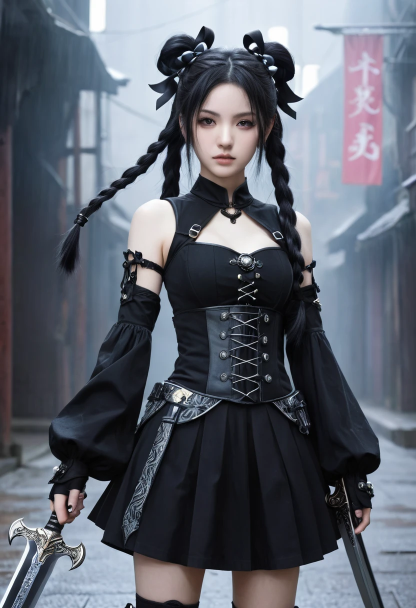 (Best Quality), Dark Fantasy, Big Sword, Magical Girl, Gothic, Twin Tails, Realistic, Ultra Detailed, High Definition, Anime,