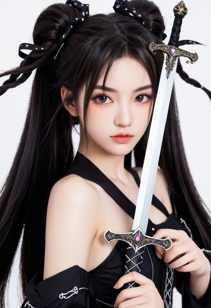 (Best Quality), Dark Fantasy, Big Sword, Magical Girl, Gothic, Twin Tails, Realistic, Ultra Detailed, High Definition, Anime,  