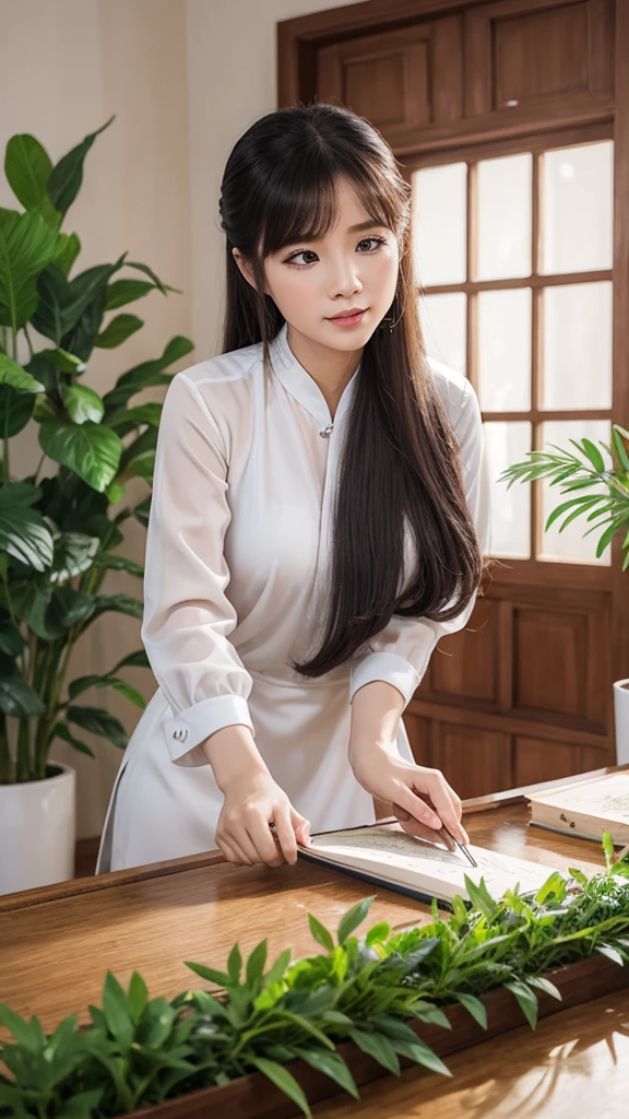 Chân dung, một phụ nữ, châu âu, mặt cực kỳ chi tiết, khuôn mặt hình trái xoan, khuôn mặt thanh tú , da rất trắng, chân mày đen và cong, tóc rất dài, kiểu tóc suôn thẳng, rũ rượi, tóc màu xanh lá, đôi mắt lờ đờ quyến rũ, bông tai, đôi mắt màu xanh lá, môi đỏ nhẹ nhàng 