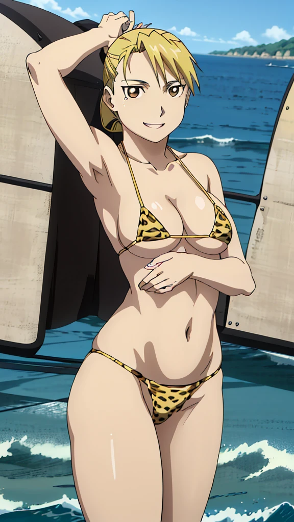 (masterpiece, 4K, Highest quality, anime style: 1.9, Detailed face, Lovely, Ocean,bold, High resolution, anime, Lake 4. alone, Curvaceous, Thighs, Cleavage, Center of chest, smile, Please open your mouth wide, Very slim belly, Cowboy Shot, Leopard print micro bikini,1 Girl、Riza Hawkeye - Full Metal Alchemist,Blonde,Tie your hair up