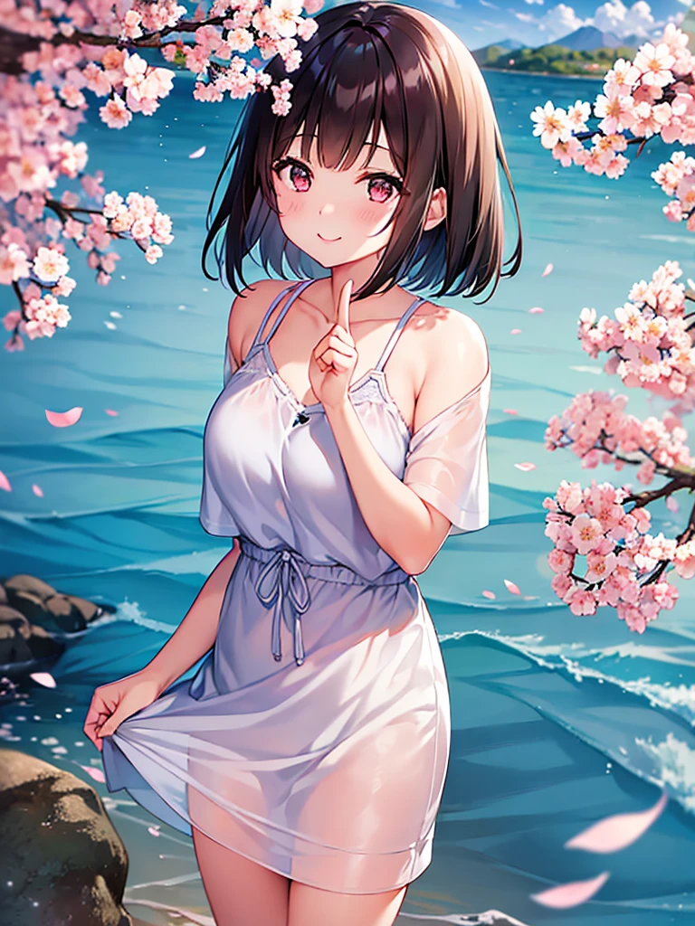 I drew a girl with dark hair, Bob Cut Hair.。She is smiling and making a peace sign。She is wearing a floral shirt、Camera hanging from neck。背景には広島平和記念碑There is(Atomic Bomb Dome)There is、There are cherry blossom trees in full bloom all around..。A few cherry blossom petals are fluttering down under the blue sky..、The overall atmosphere is bright and calm..。