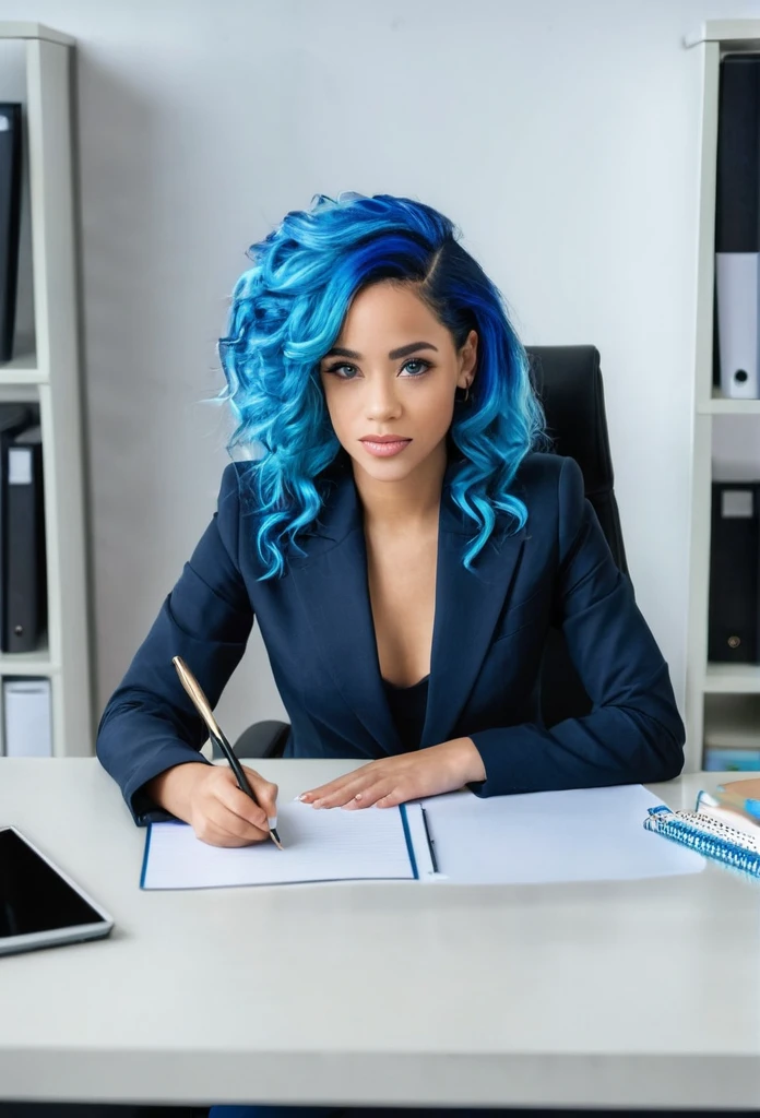 Beautiful biracial woman, extremely detailed full body , Blue hair, blue eyes, business woman clothes, in office, write on a paper on a desk