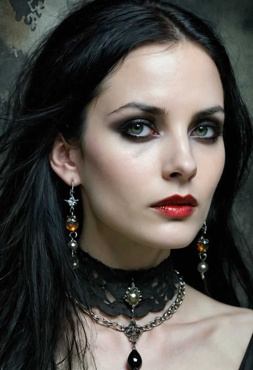 close up, jewelry, earrings, necklace, solo, (anne bachelier art style:1.5), (american mcgee art style:0.7), watercolor, coloured, contrast colour palette, (ultra contrasting colour theme:1.5), scenery, aesthetic, detailed, detailer:1.5, dark aesthetic, lively shadows, dark environment, (grunge style:1.5), (gloomy atmosphere:1.5), bellatrix lestrange (nee black), tall, beautiful woman with long, thick, shiny black hair, thin lips, dark, heavy-lidded eyes, strong jaw, shriveled, haggard, thin,