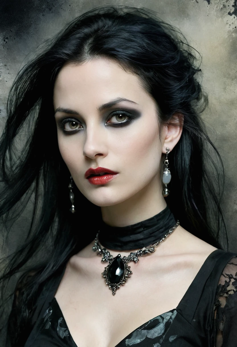 close up, jewelry, earrings, necklace, solo, (anne bachelier art style:1.5), (american mcgee art style:0.7), watercolor, coloured, contrast colour palette, (ultra contrasting colour theme:1.5), scenery, aesthetic, detailed, detailer:1.5, dark aesthetic, lively shadows, dark environment, (grunge style:1.5), (gloomy atmosphere:1.5), bellatrix lestrange (nee black), tall, beautiful woman with long, thick, shiny black hair, thin lips, dark, heavy-lidded eyes, strong jaw, shriveled, haggard, thin,