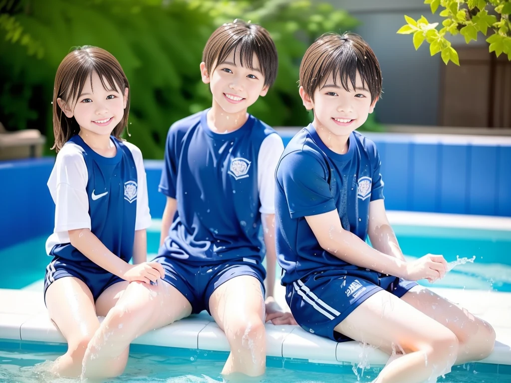 hot summer、、Summer swimming pool、Have fun、Get wet all over、Japan Boy、Glowing water splashes、Pool lessons、Boy playing in water、The happy boys、Strong sunlight、Short sleeve gym uniform、Blue shorts、barefoot,Boys only 、10age、high resolution、masterpiece