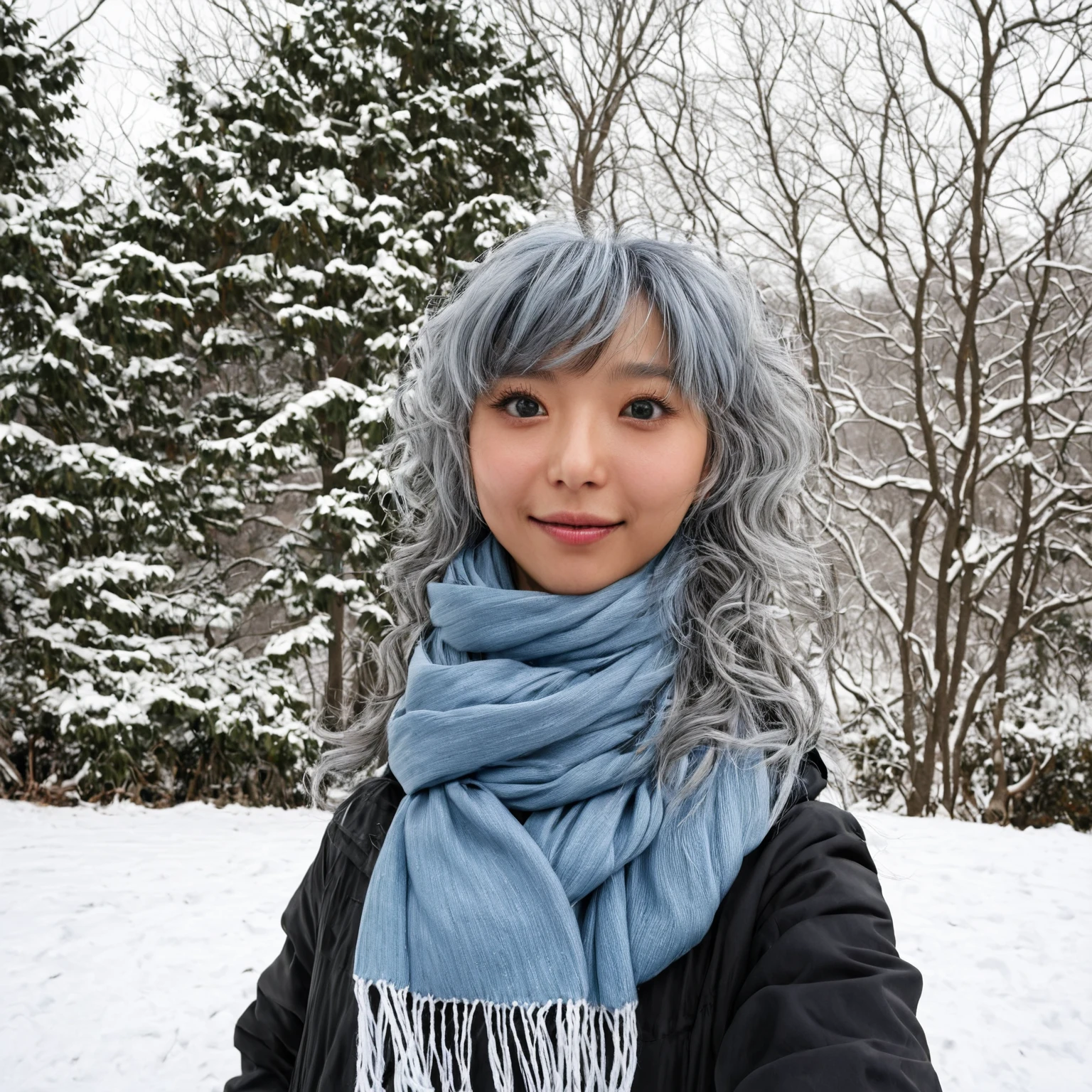 (high resolution, ultra-detailed, photorealistic), 1girl, sjang, wavy gray blue hair with bangs, cotton scarf, black anorak, winter, snow, trees, realistic face, accurate, beautiful