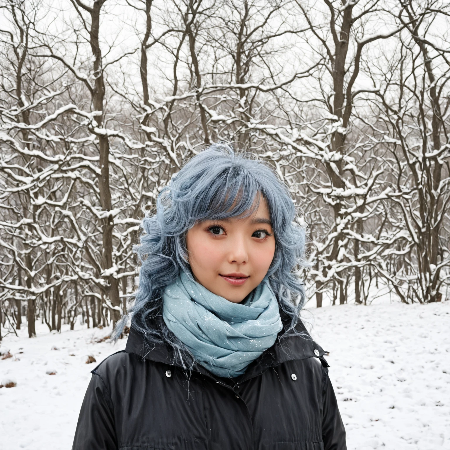 (high resolution, ultra-detailed, photorealistic), 1girl, sjang, wavy gray blue hair with bangs, cotton scarf, black anorak, winter, snow, trees, realistic face, accurate, beautiful