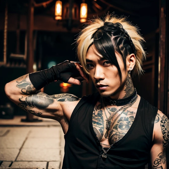1 man, Japanese man, male, Asian eyes, muscular, broad shoulders, yakuza tattoos, hairstyle Visual Kei style, hair Visual Kei, black men's shirt and black pants, ultra detailed face, hyperrealistic, realistic representation, long hair, long hair, 30 years old, age 30 years, blond, blonde hair