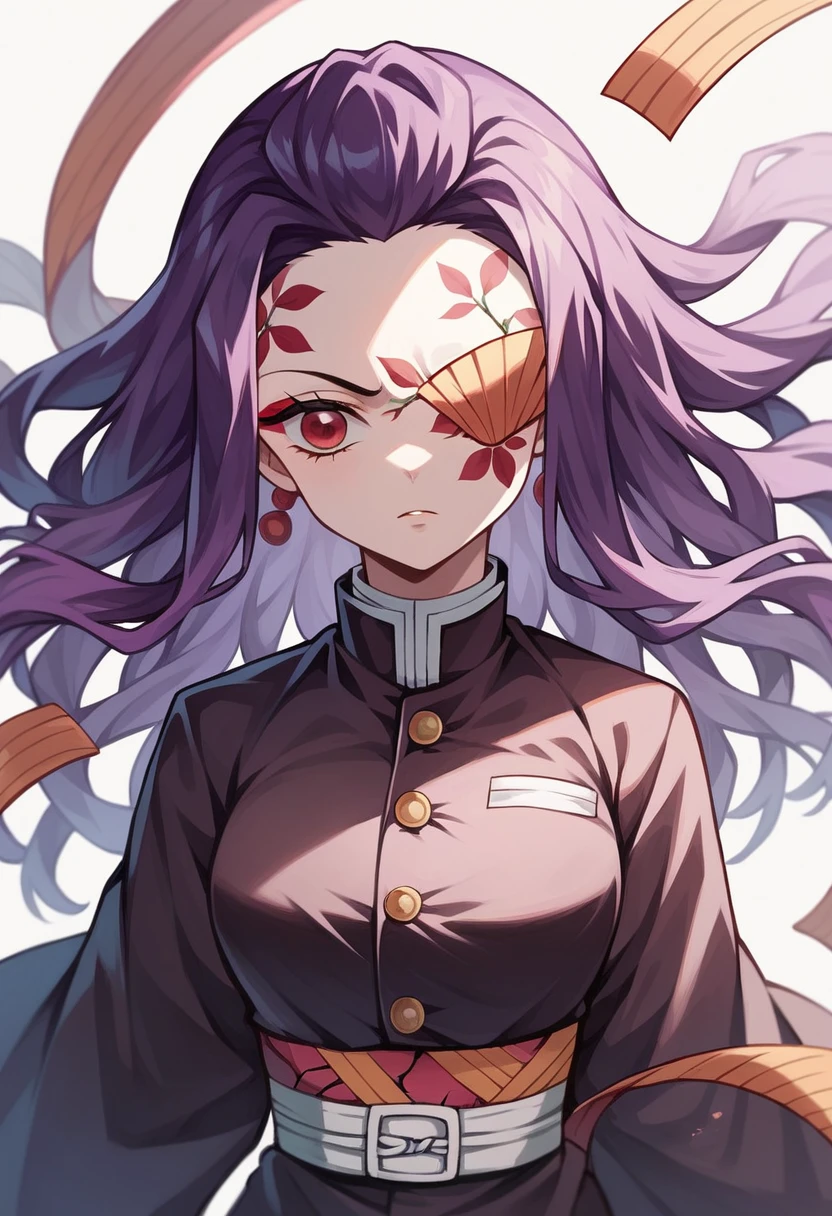 Captura de pantalla de Kimetsu No Yaiba, girl with short reddish purple hair, right eye covered by hair, clothes the same as that of the animated character rengoku, Red eyes,