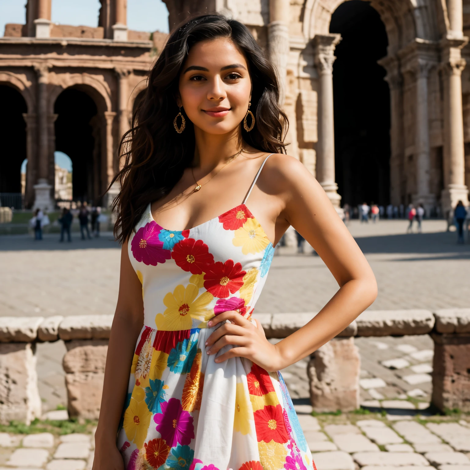 ((best quality)), ((masterpiece)), (detailed), full body portraitof a  young latin woman with wavy dark hair, flawed skin and a slender body type, wearing a colorful dress, posing near the Colosseum, Rome, shot with Sony Alpha A6500 1.4f, bokeh, highly detailed, masterpiece, five fingers, perfect face, perfect hands, 