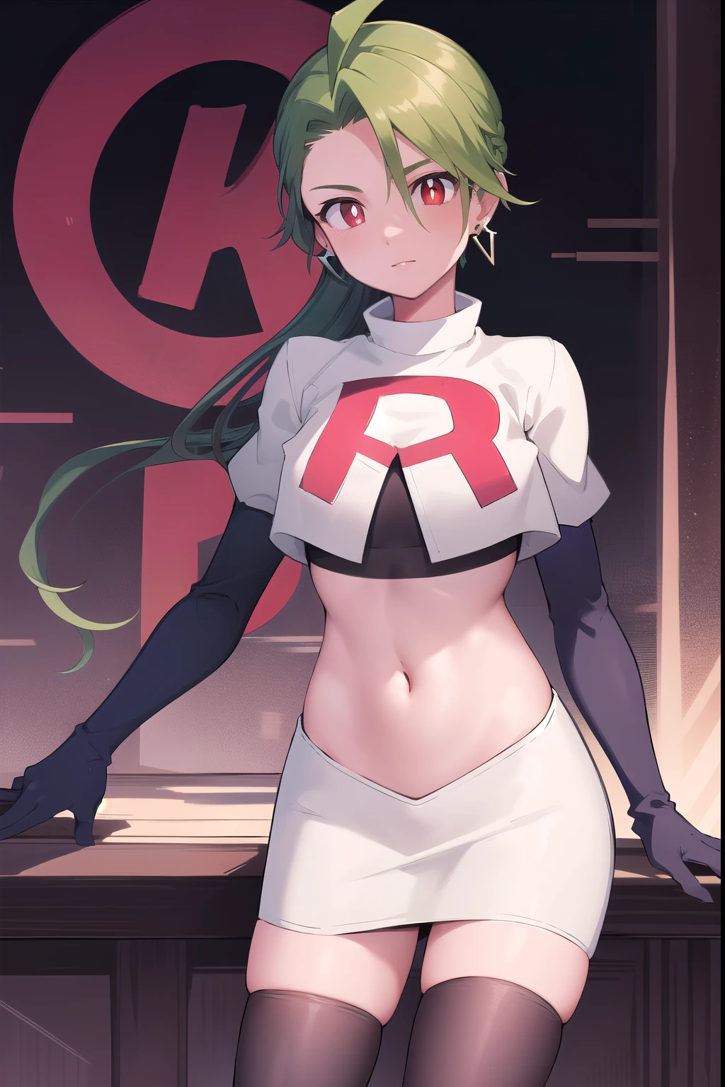 absurdres, best quality, 1girl, solo, eye focus, looking at viewer,  rika, ahoge, ponytail, bright pupils, white pupils, earrings, green hair, red eyes, bright pupils, team rocket,team rocket uniform,white skirt,red letter R,crop top,black thigh-highs,black elbow gloves