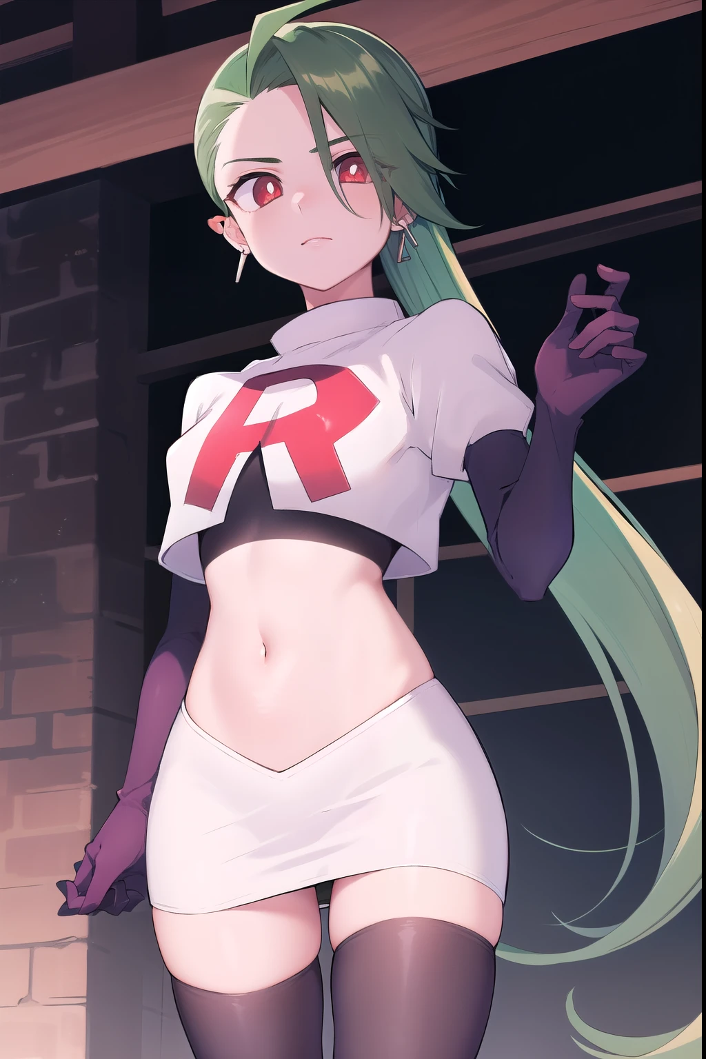 absurdres, best quality, 1girl, solo, eye focus, looking at viewer,  rika, ahoge, ponytail, bright pupils, white pupils, earrings, green hair, red eyes, bright pupils, team rocket,team rocket uniform,white skirt,red letter R,crop top,black thigh-highs,black elbow gloves