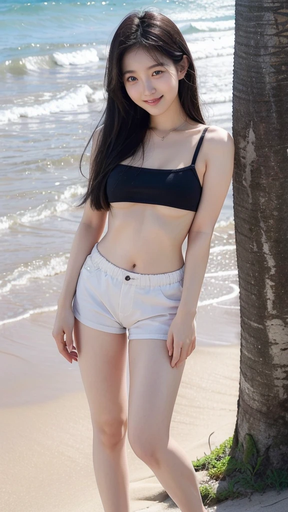 1 girl、25 years old、beautiful breasts、I can see you down there 、full body sbian、black hair、Tight size hot pants、Beach、a little smile、