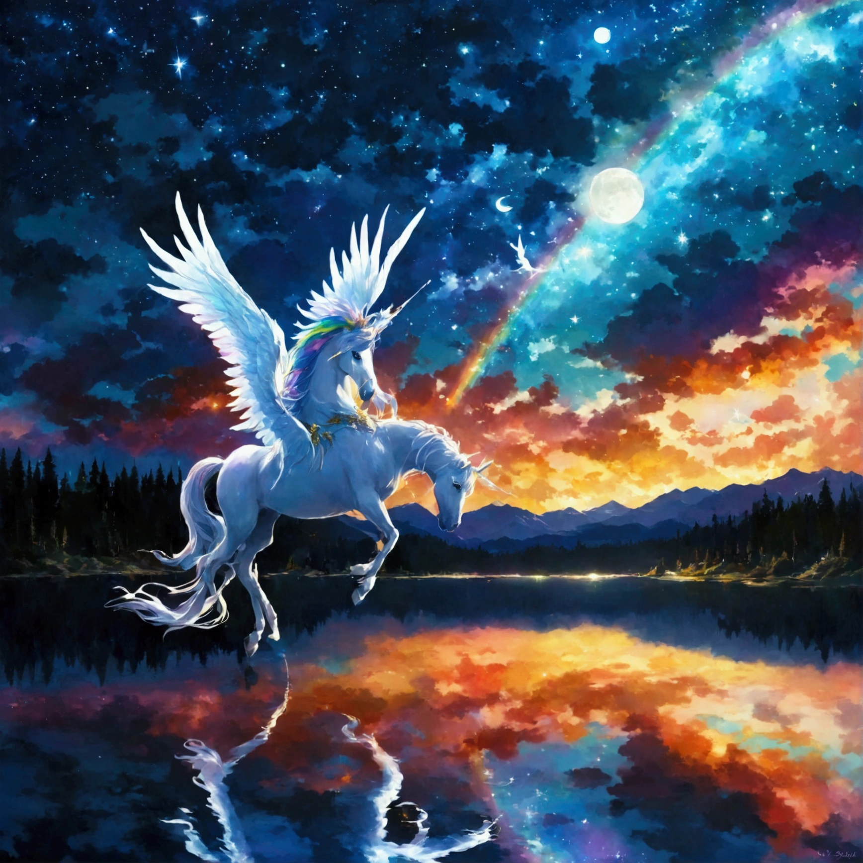 Beautiful Landscape, Fantasy, Pegasus, Night Sky, Starry Sky, moon, rainbow, lake, white, Fantasy, Lassen wind, 漆黒のNight Sky 無数の星 煌煌と輝く 満moon lake面 星 反射 きらめく whiteいPegasus 優雅に飛ぶ whiteい翼 moonの光 輝いている rainbow lake面 架かる moonの光 繋ぐ 夢 Fantasy