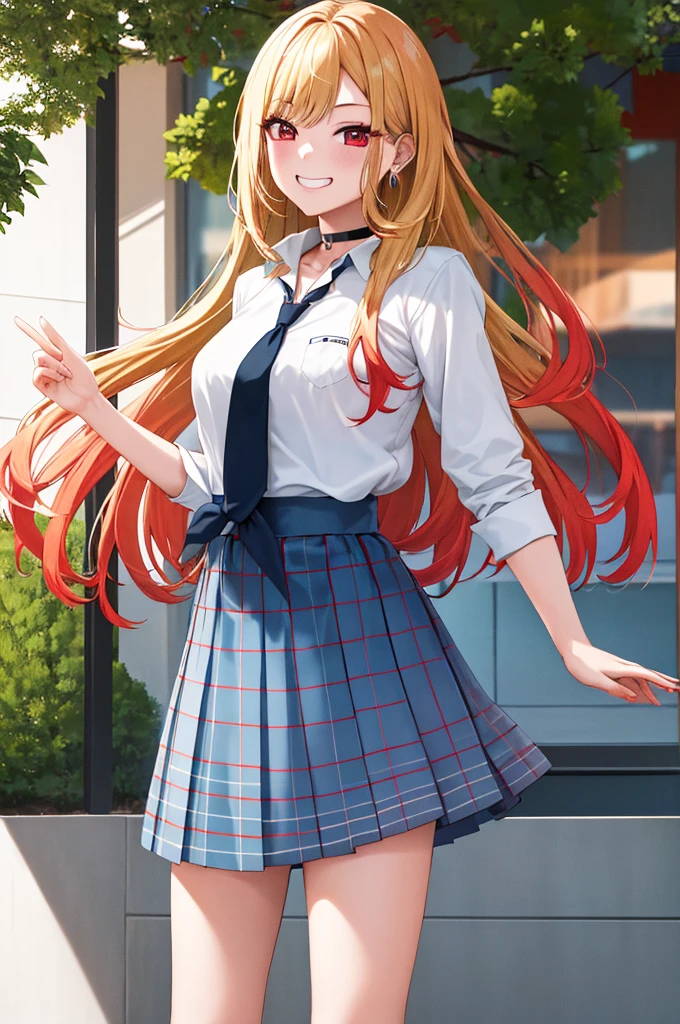 masterpiece, Highest quality, High resolution, Kitagawa Marine, One girl, Blonde, Long Hair, Multicolored Hair, Red eyes, jewelry, Earrings, Earrings, , White shirt, tie shirt, Black Choker, Blue tie, Checked skirt, Grin, smile, Are standing, Cowboy Shot, Outdoor,