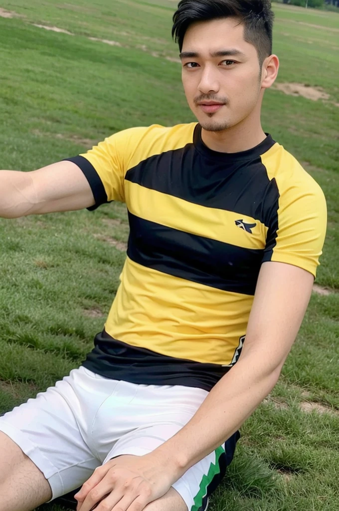 A handsome, muscular young Asian man looks at the camera. In a simple t-shirt black and yellow , Fieldside, grass, beach, sunlight,