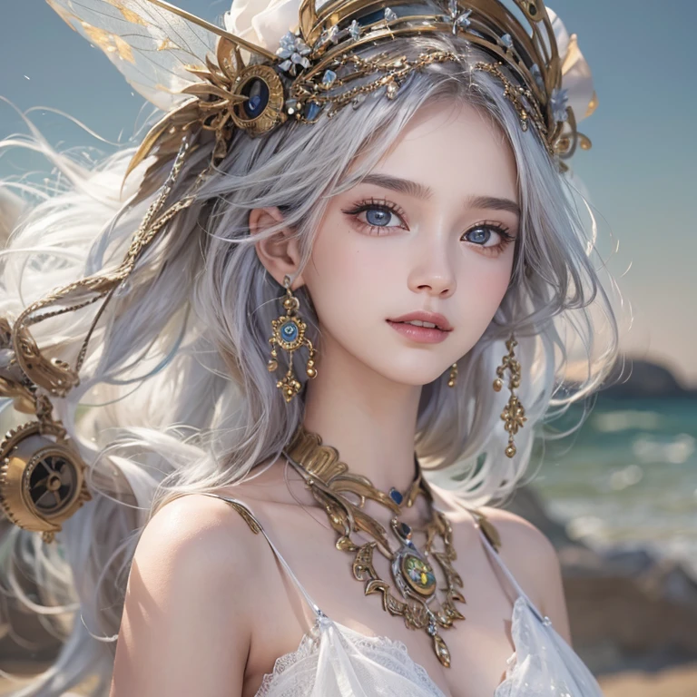 (masterpiece:1.3), (8K, Realistic, RAW Photos, Best image quality: 1.4), Fair-skinned fairy woman、Long Hair、Cleavage:2.0、Highly detailed face、Attention to detail、double eyelid、Chest to chest、Sharp focus:1.2、Beautiful woman:1.4、Silvery white hair、Highest quality、masterpiece、Ultra-high resolution、(Realistic:1.4)、Highly detailed and professionally lit smiles、Loose, Light, steampunk、Shoulder out、thin、Serious expression、Short-haired、Deadly position, One person、whole body,Walking on the beach、Gorgeous Necklace, Reptile Eyes:1.5