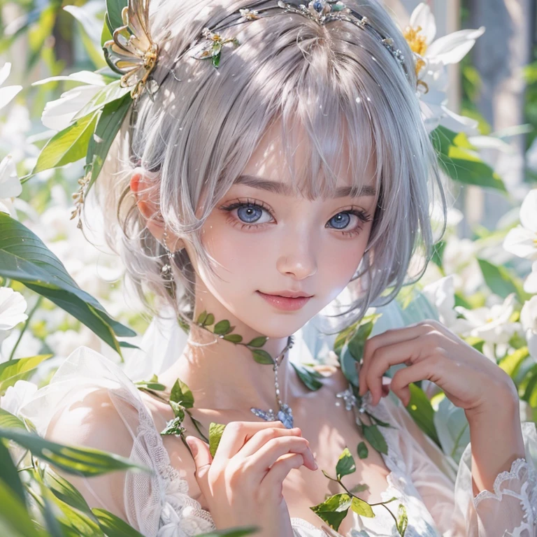 (masterpiece:1.3), (8K, Realistic, RAW Photos, Best image quality: 1.4), Fair-skinned fairy woman、short hair、Cleavage:2.0、Highly detailed face、Attention to detail、double eyelid、Sharp focus:1.2、Beautiful woman:1.4、Silvery white hair、Highest quality、masterpiece、Ultra-high resolution、(Realistic:1.4)、Highly detailed and professionally lit smiles、Loose, Light, One person、whole body, I eat a healthy breakfast