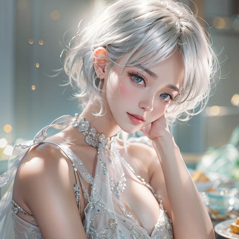 (masterpiece:1.3), (8K, Realistic, RAW Photos, Best image quality: 1.4), Fair-skinned fairy woman、short hair、Cleavage:2.0、Highly detailed face、Attention to detail、double eyelid、Sharp focus:1.2、Beautiful woman:1.4、Silvery white hair、Highest quality、masterpiece、Ultra-high resolution、(Realistic:1.4)、Highly detailed and professionally lit smiles、Loose, Light, One person、whole body, I eat a healthy breakfast