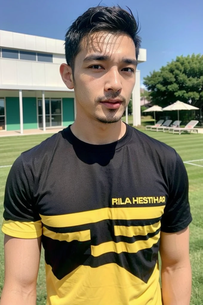 A handsome, muscular young Asian man looks at the camera. In a simple t-shirt black and yellow , Fieldside, grass, beach, sunlight,