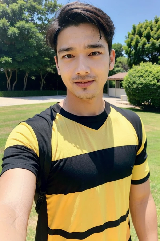 A handsome, muscular young Asian man looks at the camera. In a simple t-shirt black and yellow , Fieldside, grass, beach, sunlight,