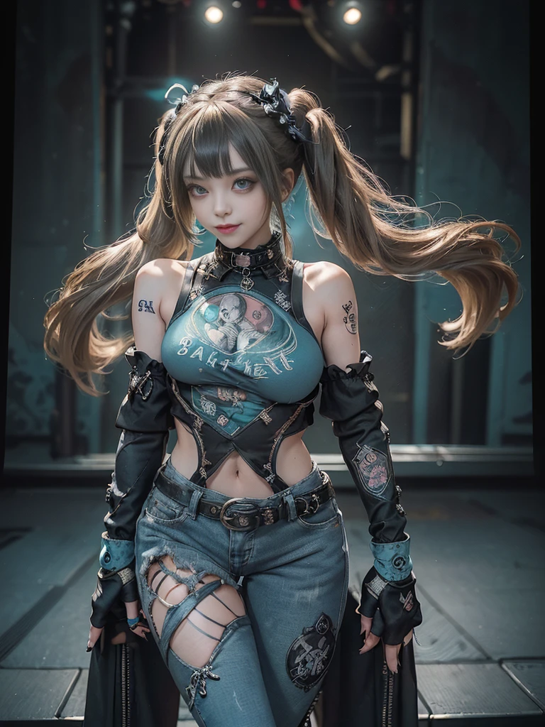 (Full Body View:1.4)、(Full body:1.3)、(Smiling with teeth showing:1.4),(Shibuya Gal:1.5)、(Gothic Lolita style fashion:1.5)、(Punk RockVisual Kei:1.5)、(Wearing a rhythmic gymnastics bodysuit with intricate details:1.4)、(Racing suit and pants with intricate turquoise, denim and charcoal decorations:1.5)、(Denim and light blue and turquoise boots:1.3)、((belt))、(Numerous delicate logo marks all over the costume:1.4)、(collar:1.3)、(Polka dot underwear:1.5)、20-year-old、NSFW、((Highest quality、In 8K、masterpiece:1.3))、Sharp focus:1.2、(Layered Cut、Huge boobs:1.1),Beautiful woman with perfect figure:1.4、(Doing a ballerina pose:1.3)、Slender Abs:1.2、Highly detailed face and skin texture、Detailed eyes、double eyelid,(Twin tails:1.3)、(Brown-golden hair:1.3)、Gravure idol、(The background is the stage of the fashion show:1.3)、(Slim body:1.3),(Make your legs thinner:1.4),（clavicle:1.1）