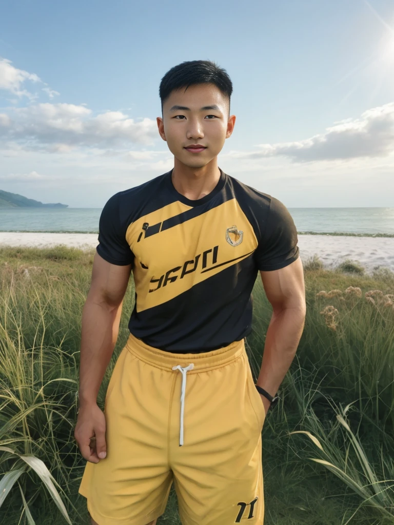 A handsome, muscular young Asian man looks at the camera. In a simple t-shirt black and yellow , Fieldside, grass, beach, sunlight,