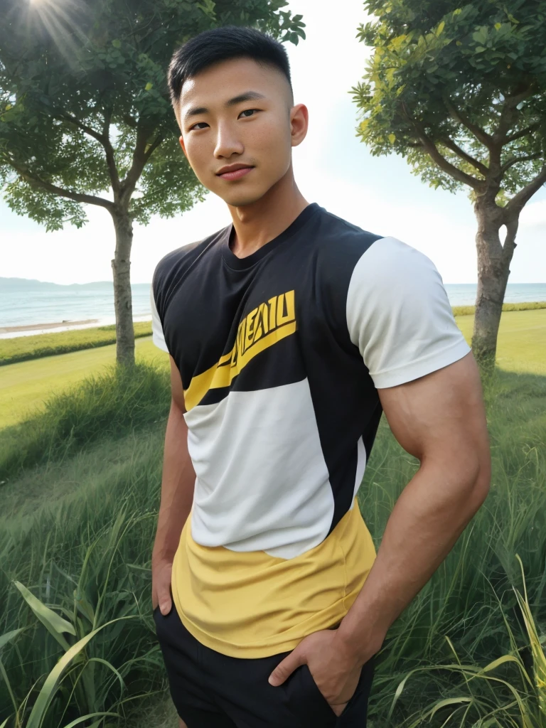 A handsome, muscular young Asian man looks at the camera. In a simple t-shirt black and yellow , Fieldside, grass, beach, sunlight,