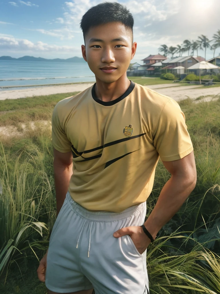 A handsome, muscular young Asian man looks at the camera. In a simple t-shirt black and yellow , Fieldside, grass, beach, sunlight,