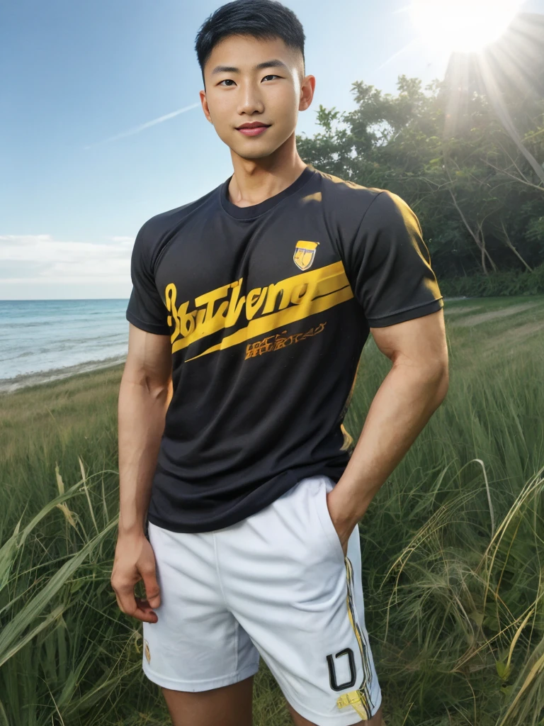 A handsome, muscular young Asian man looks at the camera. In a simple t-shirt black and yellow , Fieldside, grass, beach, sunlight,