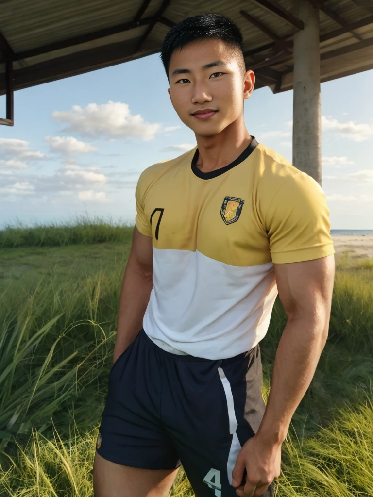 A handsome, muscular young Asian man looks at the camera. In a simple t-shirt black and yellow , Fieldside, grass, beach, sunlight,