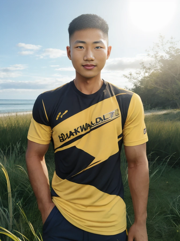 A handsome, muscular young Asian man looks at the camera. In a simple t-shirt black and yellow , Fieldside, grass, beach, sunlight,