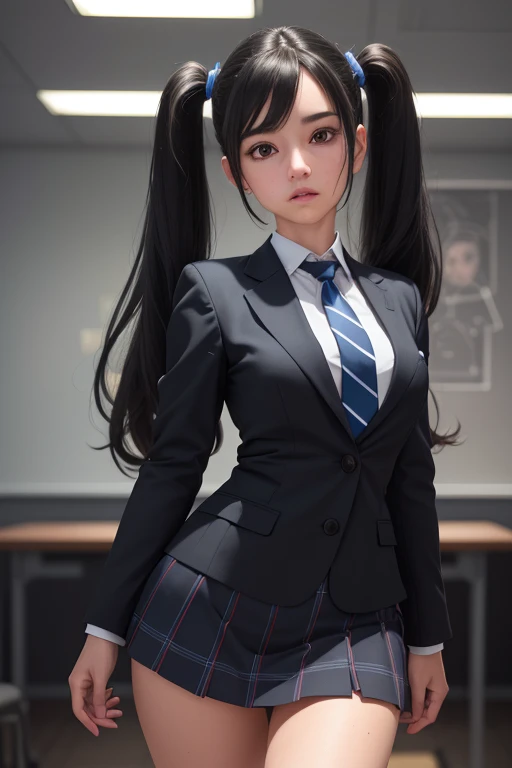 1girl, beautiful young woman, long black hair, twin tails, blue blazer uniform, tie, tight skirt, knee socks, standing in anatomy club room, gazing at viewer, sweet expression, human body drawings on blackboard, (best quality,4k,8k,highres,masterpiece:1.2),ultra-detailed,(realistic,photorealistic,photo-realistic:1.37),anatomy,scientific,precise,hyper-realistic,intricate details,vivid colors,cinematic lighting,volumetric lighting,depth of field,photo-realistic rendering