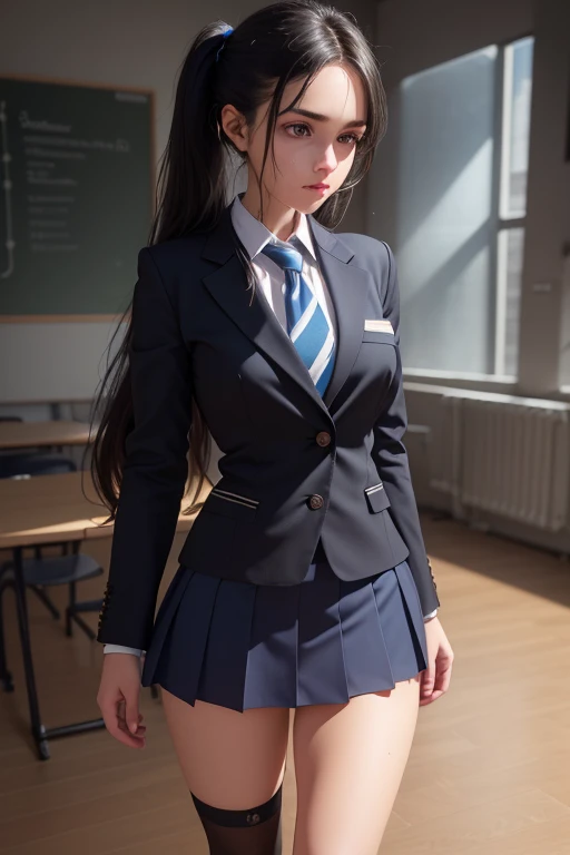 1girl, beautiful young woman, long black hair, twin tails, blue blazer uniform, tie, tight skirt, knee socks, standing in anatomy club room, gazing at viewer, sweet expression, human body drawings on blackboard, (best quality,4k,8k,highres,masterpiece:1.2),ultra-detailed,(realistic,photorealistic,photo-realistic:1.37),anatomy,scientific,precise,hyper-realistic,intricate details,vivid colors,cinematic lighting,volumetric lighting,depth of field,photo-realistic rendering